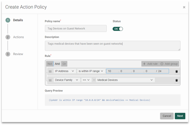 Asimily IoT Risk Management Platform Policy-Based Action