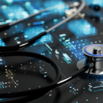 A decorative image of a stethoscope over a circuit board