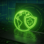 digital graphic of a green globe with a green medical shield overlaid on a computer