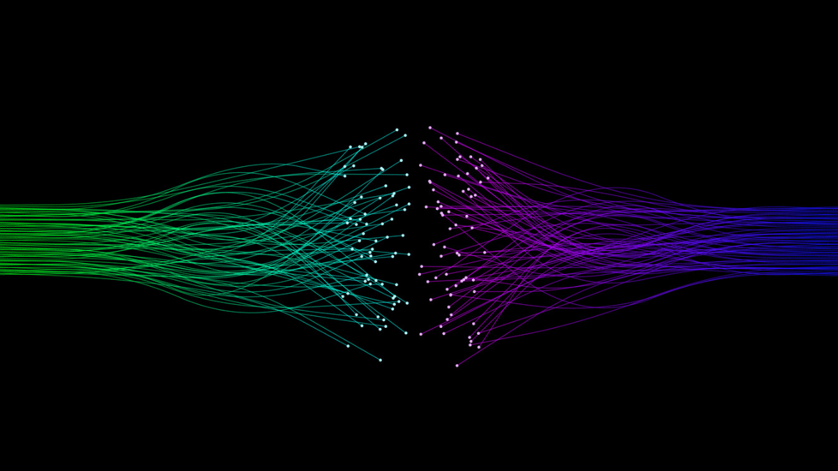 Decorative digital image of fiber optic lights connecting in the middle