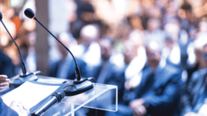 a stock photo of a speaker podium at a conference