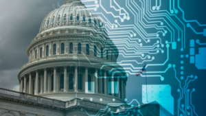 Stock photo of a government building with a circuitboard overlaid