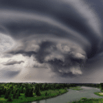 stock photo of a cyclone forming over a valley with a river